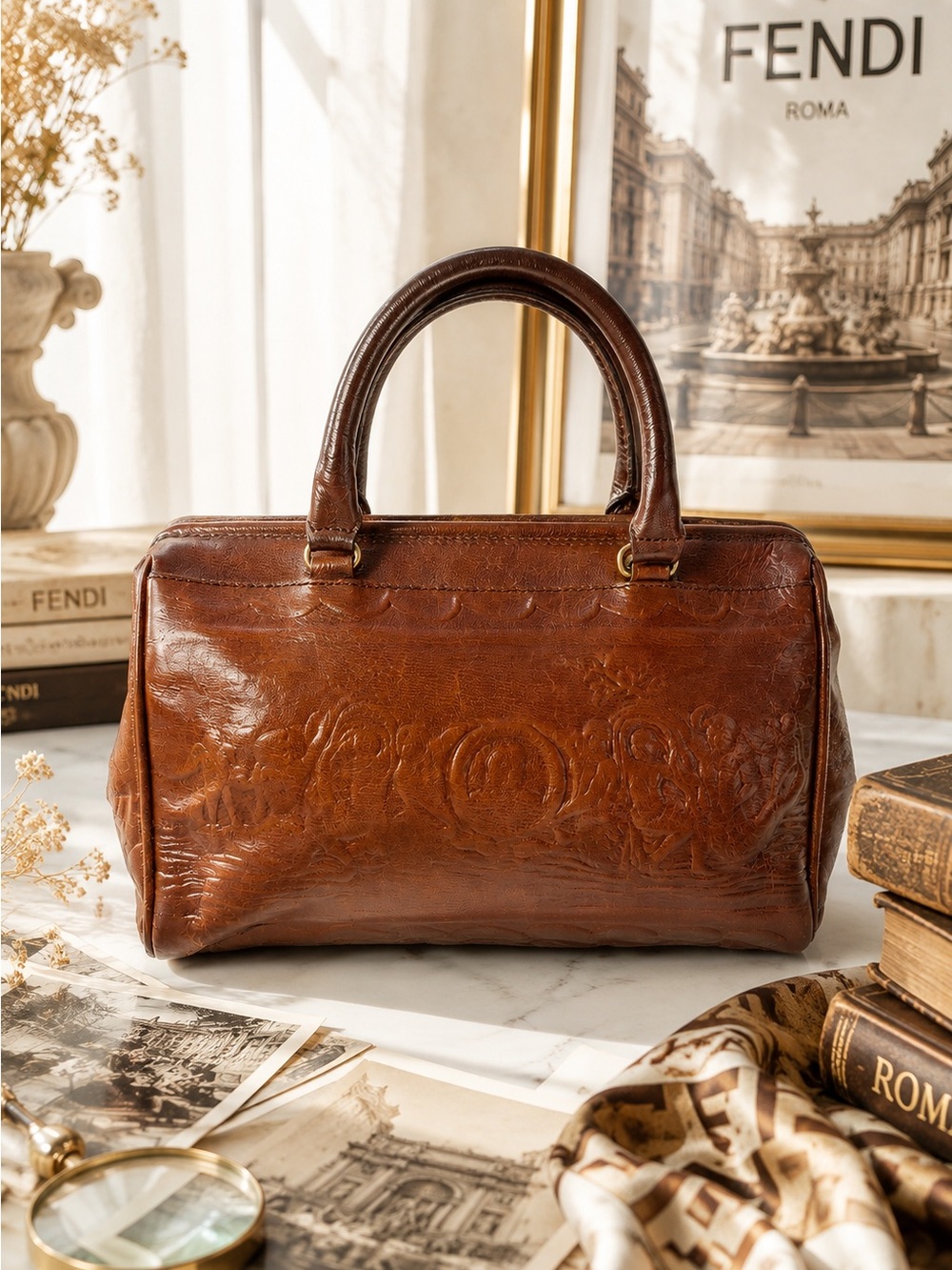 Fendi Rare Vintage S.A.S. Roma Embossed Pictorial Leather Doctor Bag
